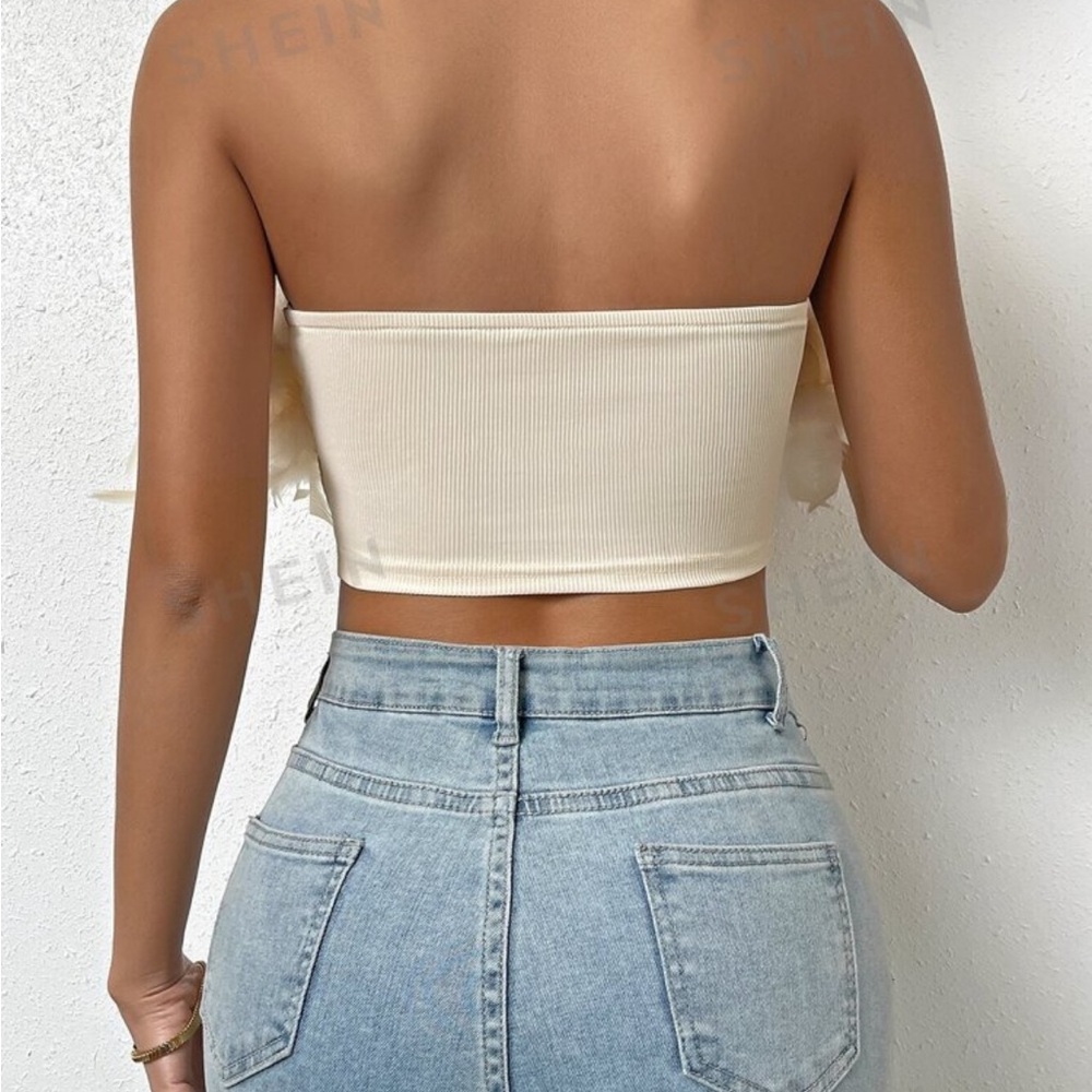 Glamour Contrast Fuzzy Asymmetrical Hem Crop Tube Top - Picture 3 of 4